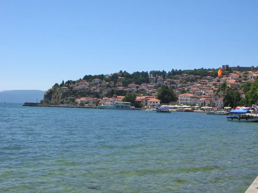 The lakeside promenade in central Ohrid, looking toward the harbor and the Old Town hill